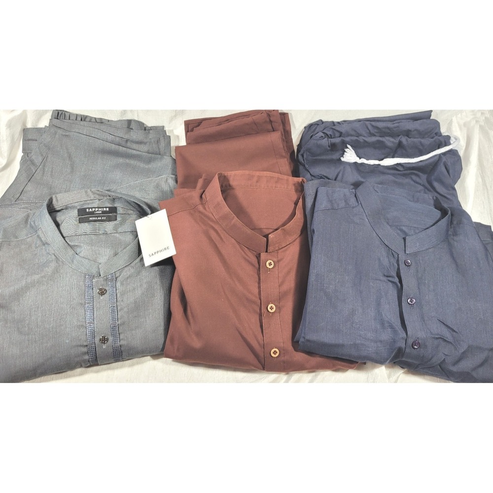 LOT: 3 Sapphire Men's Wash & Wear Kurta Suits - Gray, Brown, Navy - Size Large